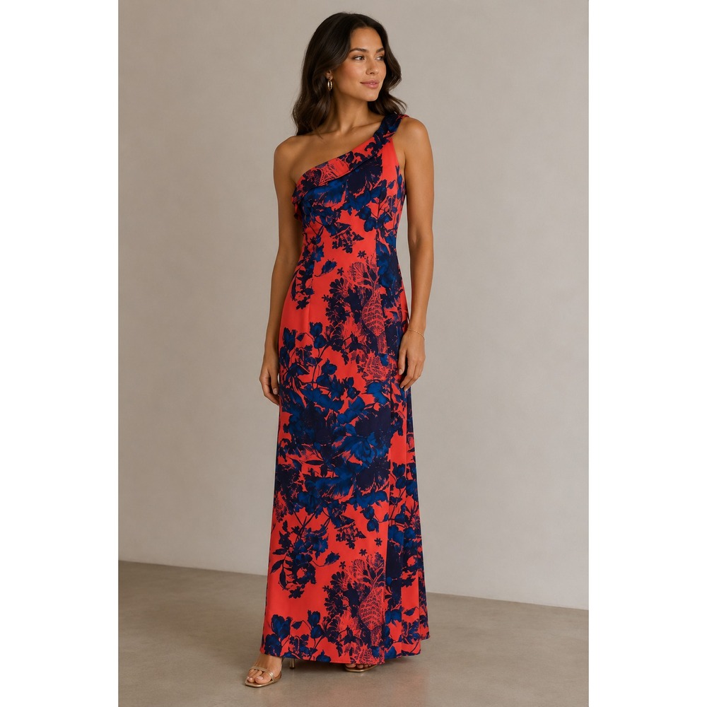 Black Halo Eve Laurel Berman One Shoulder Formal Gown Dress‎ 2 Floral Coral Navy